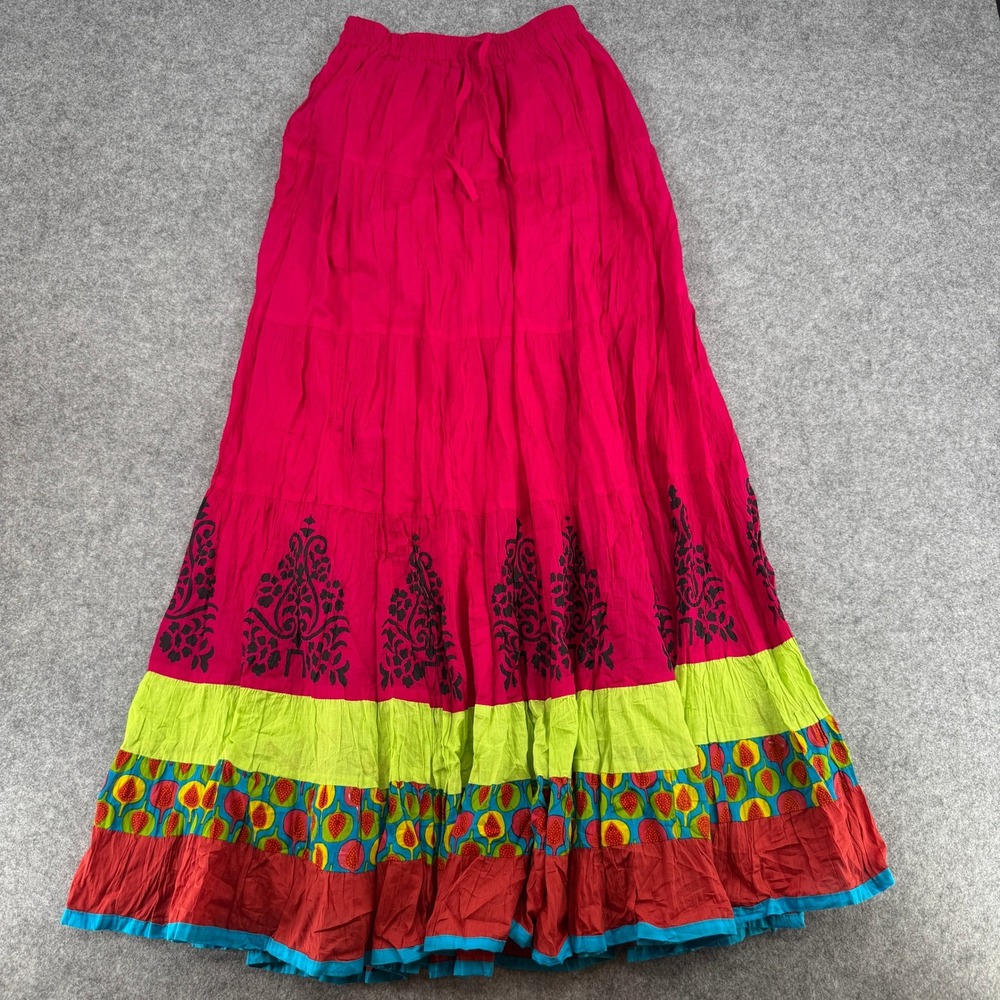 Gorgeous LA Maxi Skirt Womens XS Tiered Boho Pink Floral Fruit EUC